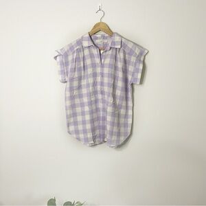 [LOFT] Purple and White Check Print Popover Linen Blend Short Sleeve Top